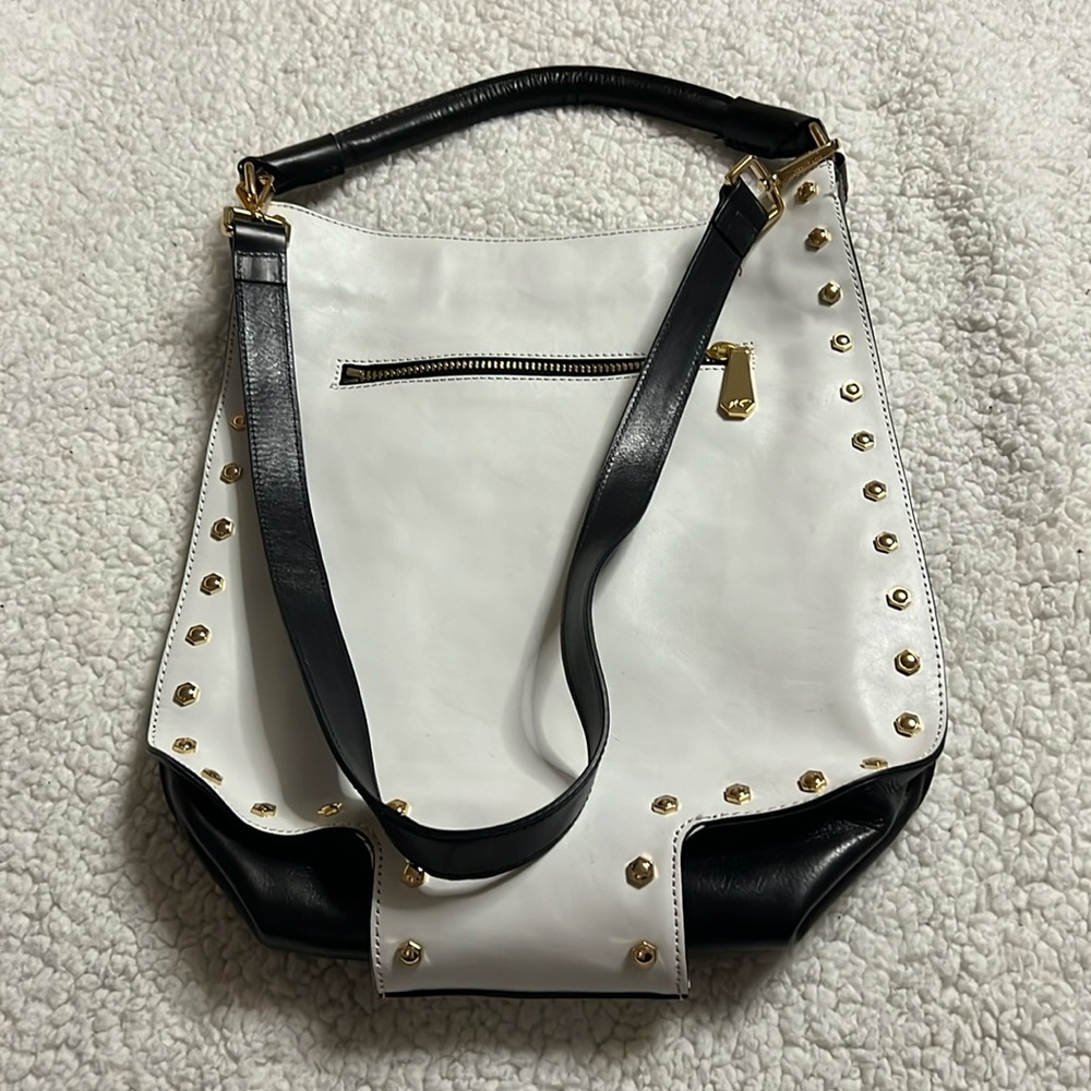 Kenneth Cole black white leather gold studded bag